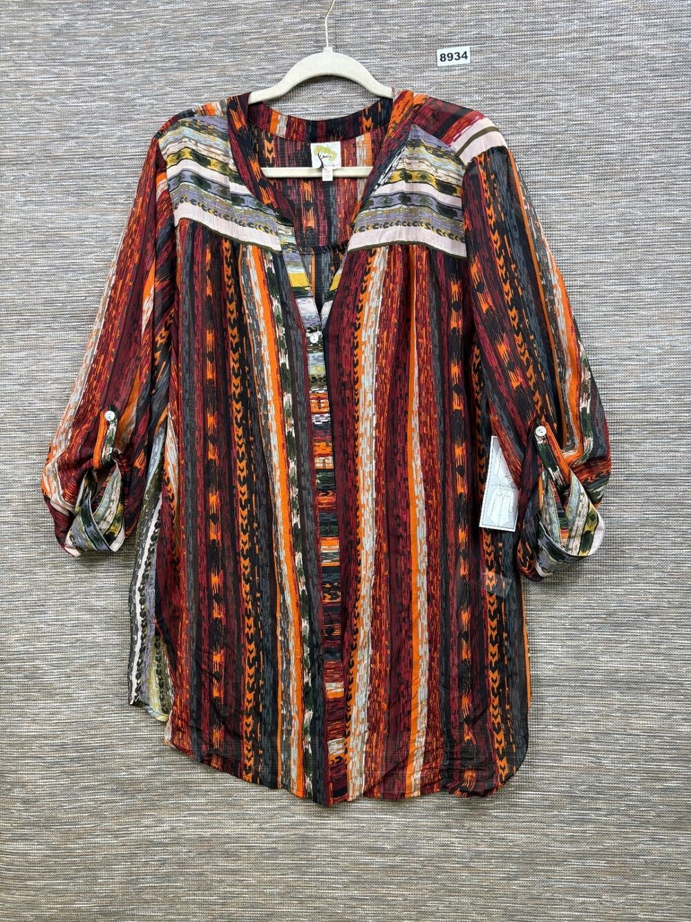 Fig and Flower Sheer Roll Rab Sleeve Tunic Top Womens 3X Multicolor Button Up